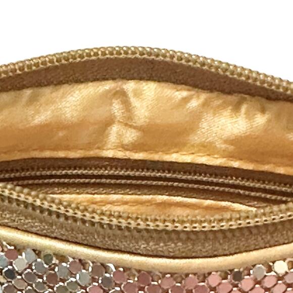 Shimmering Gold Mesh Evening Bag Zip Clutch Crossbody Glam Satin Chain Strap - Picture 8 of 10